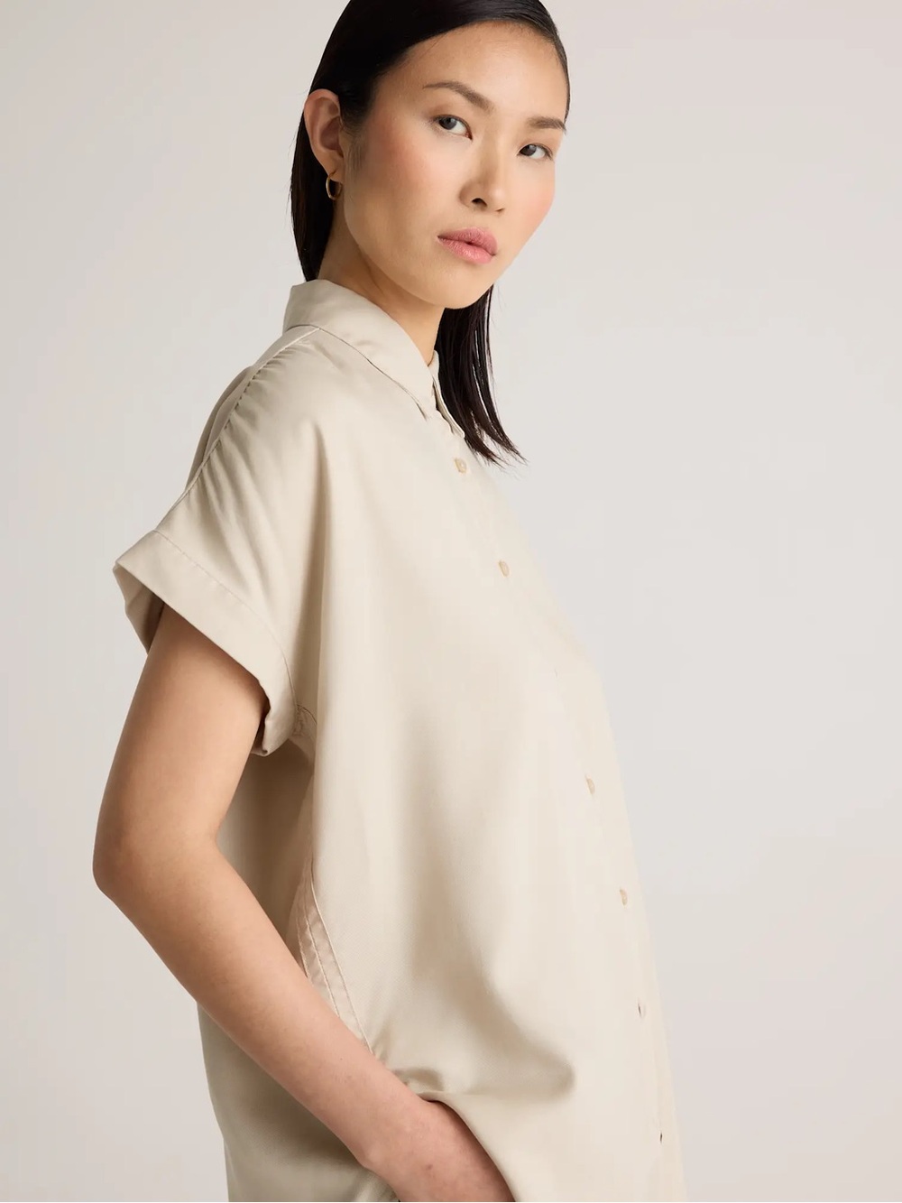 Quince Beige Button-Up Short Sleeve Blouse - Picture 3 of 8